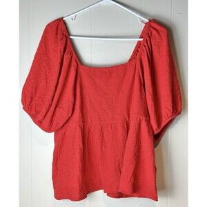 Madewell Top Womens Sz L Red Peplum Puff Sleeve Babydoll Textured Preppy Cotton